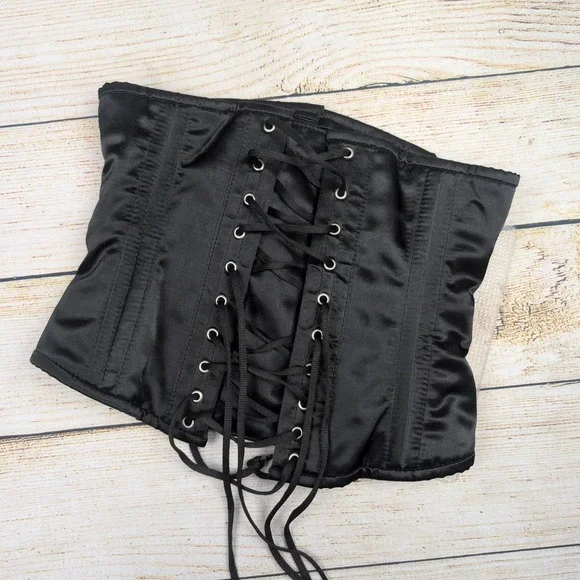 Black Satin Underbust Steel boned Corset Waist Cincher Lace Up Size 22 - Picture 2 of 6